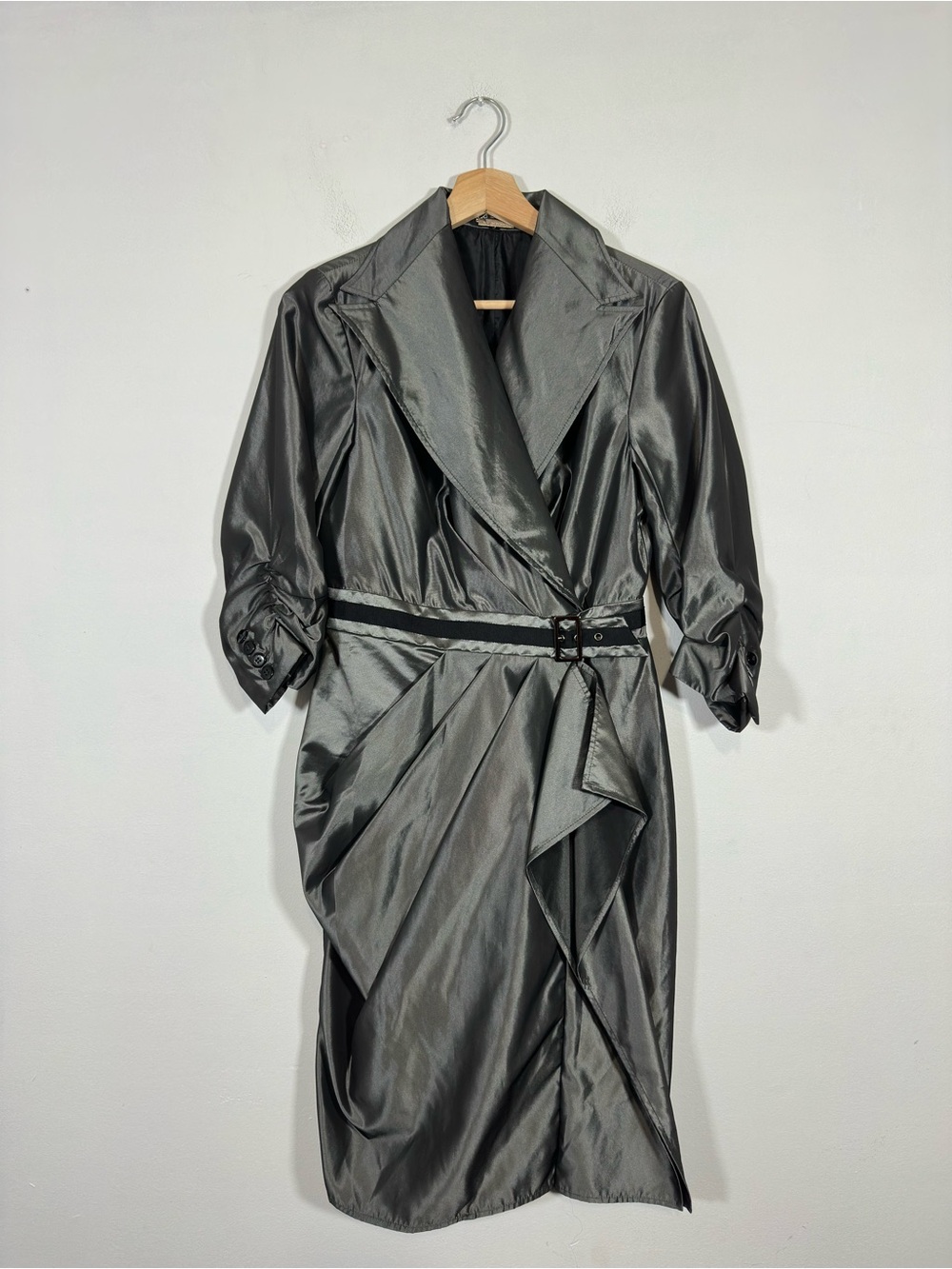 Women's Avant Garde Trench Coat Belted Metallic Small Mobwife Artsy Tailored Lux
